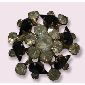 Vintage 50s Round Floral Black and Clear Rhinestone Brooch 1.5" Diameter